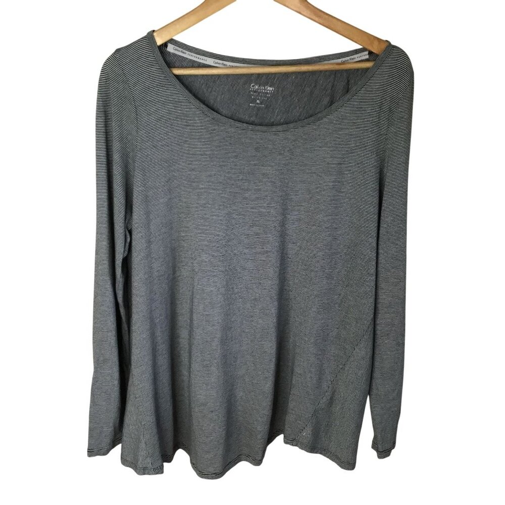CALVIN KLEIN Women XL Stripe Long Sleeve Performance Top Athleisure Gray Shirt